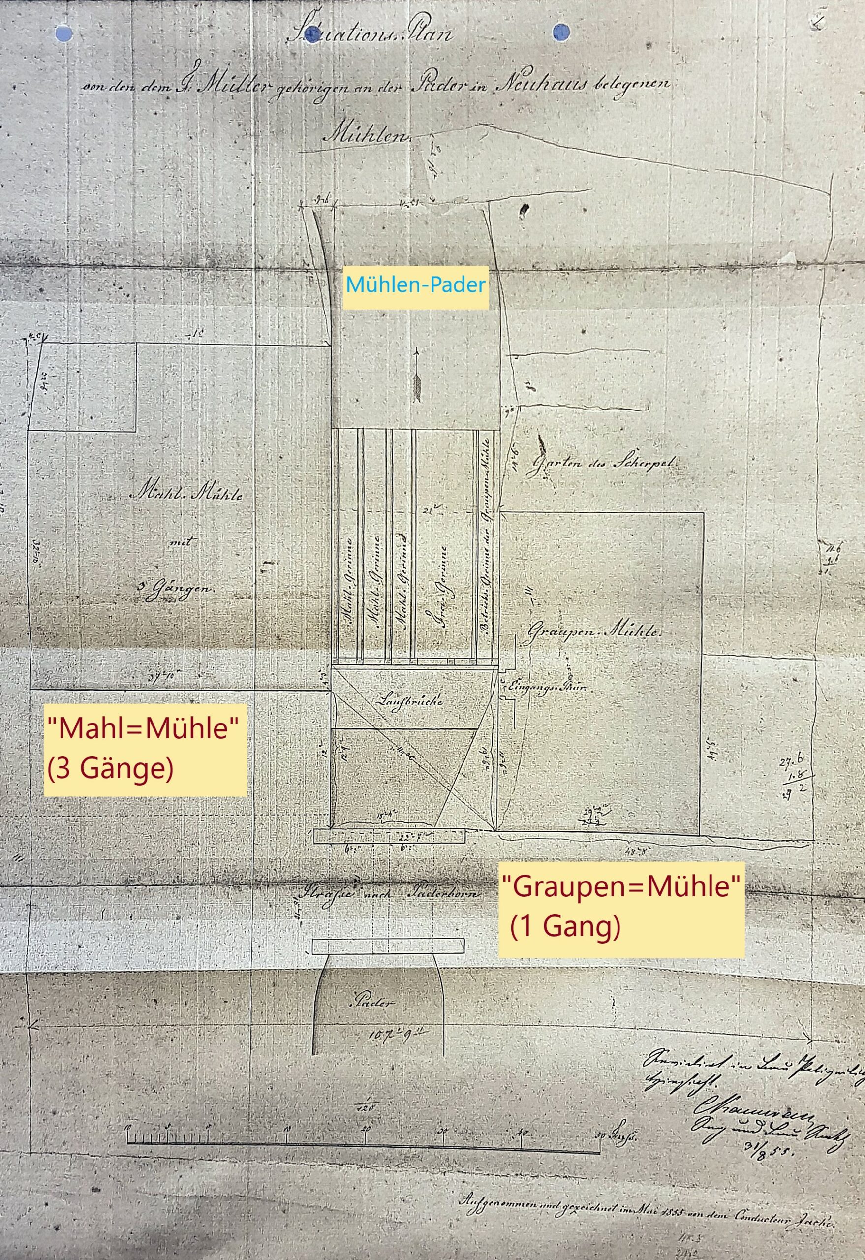 „Situations-Plan von den dem F. Müller gehörigen an der Pader in Neuhaus belegenen Mühlen“, 1855 (LA Münster, Fotokopie Privatarchiv G. G. SANTEL, Paderborn, Bearbeitung M. Ströhmer)